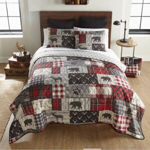 Country Black Bear Printed King Quilt Set Reversible Rustic Cabin Theme